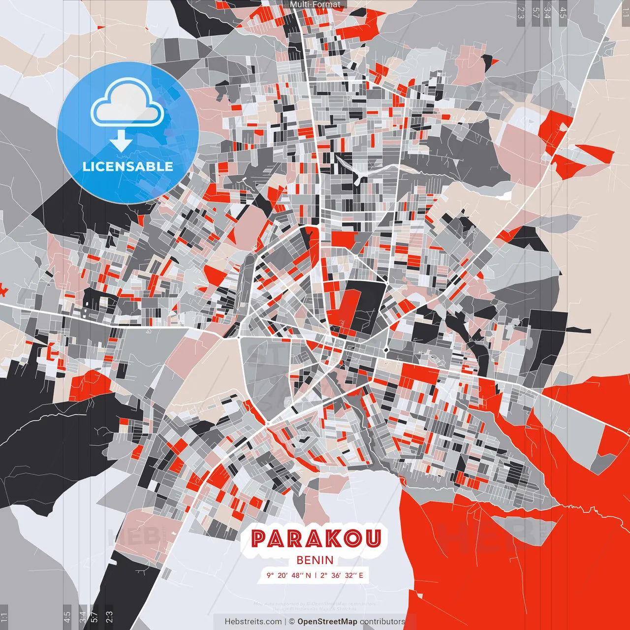 Parakou, Benin - modern street map poster template with gray and red tones