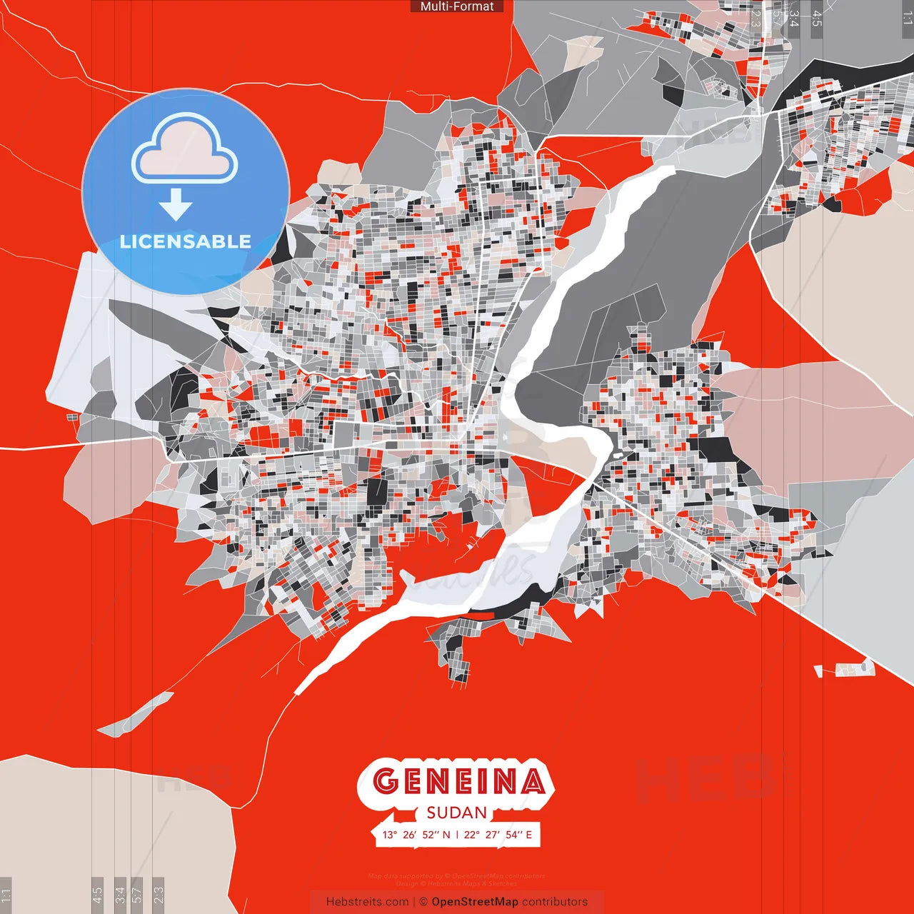Geneina, Sudan - modern street map poster template with gray and red tones