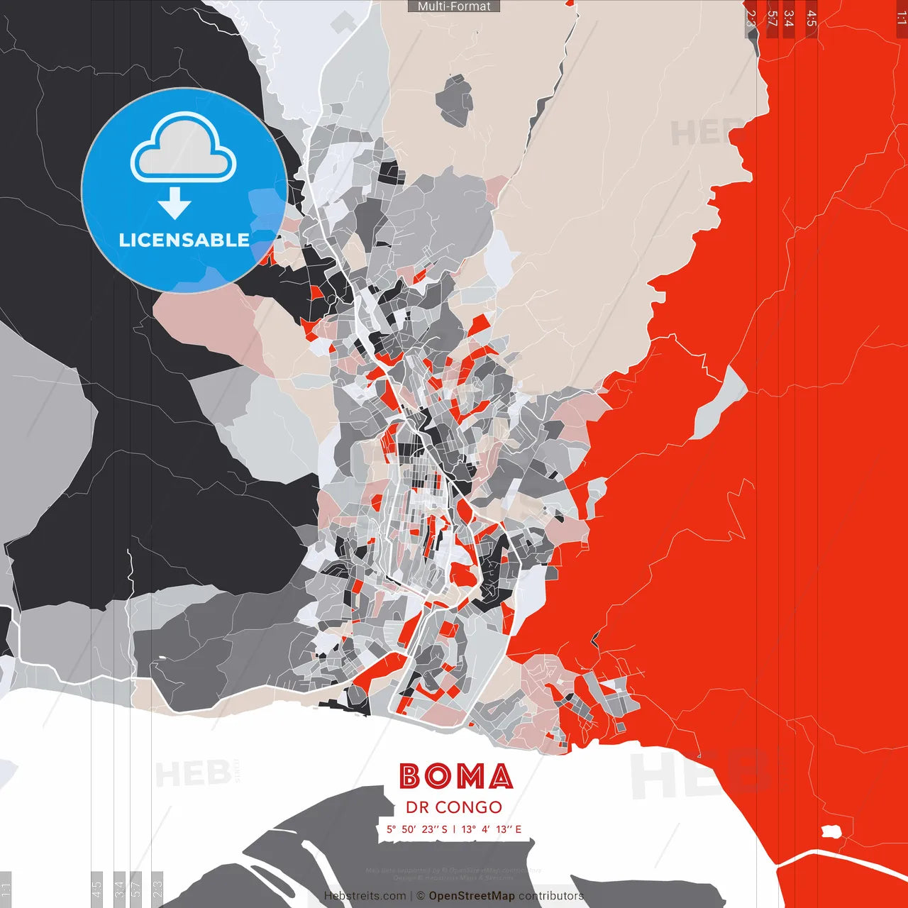 Boma, DR Congo - modern street map poster template with gray and red tones