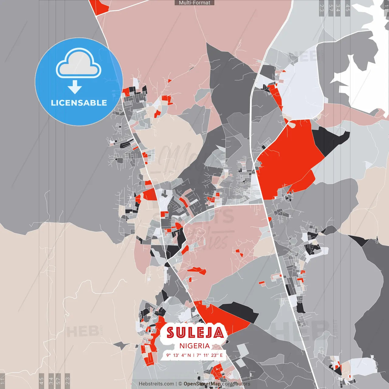 Suleja, Nigeria - modern street map poster template with gray and red tones
