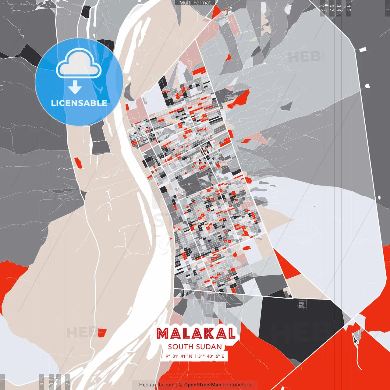 Malakal, South Sudan - modern street map poster template with gray and red tones