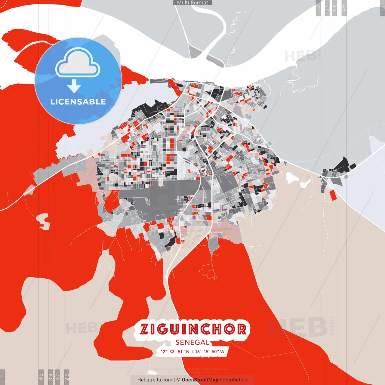 Ziguinchor, Senegal - modern street map poster template with gray and red tones