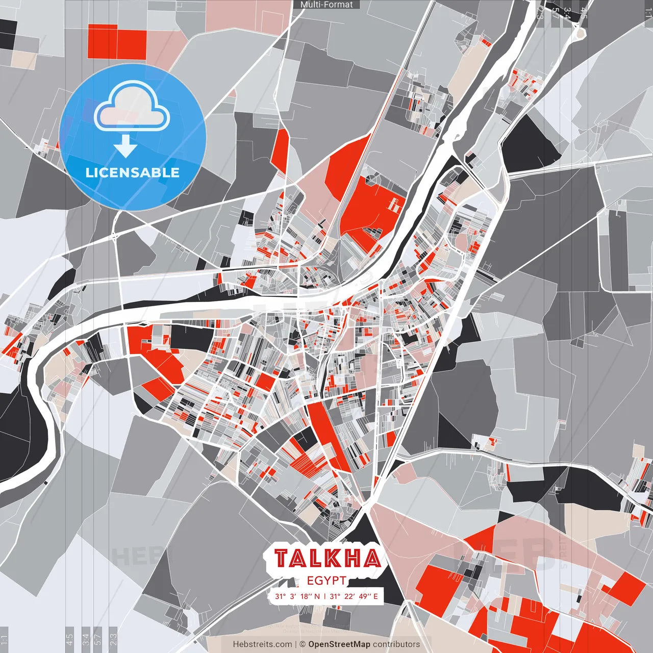 Talkha, Egypt - modern street map poster template with gray and red tones