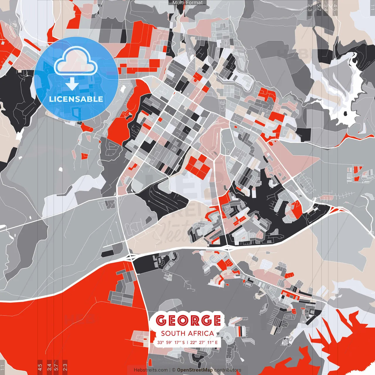 George, South Africa - modern street map poster template with gray and red tones