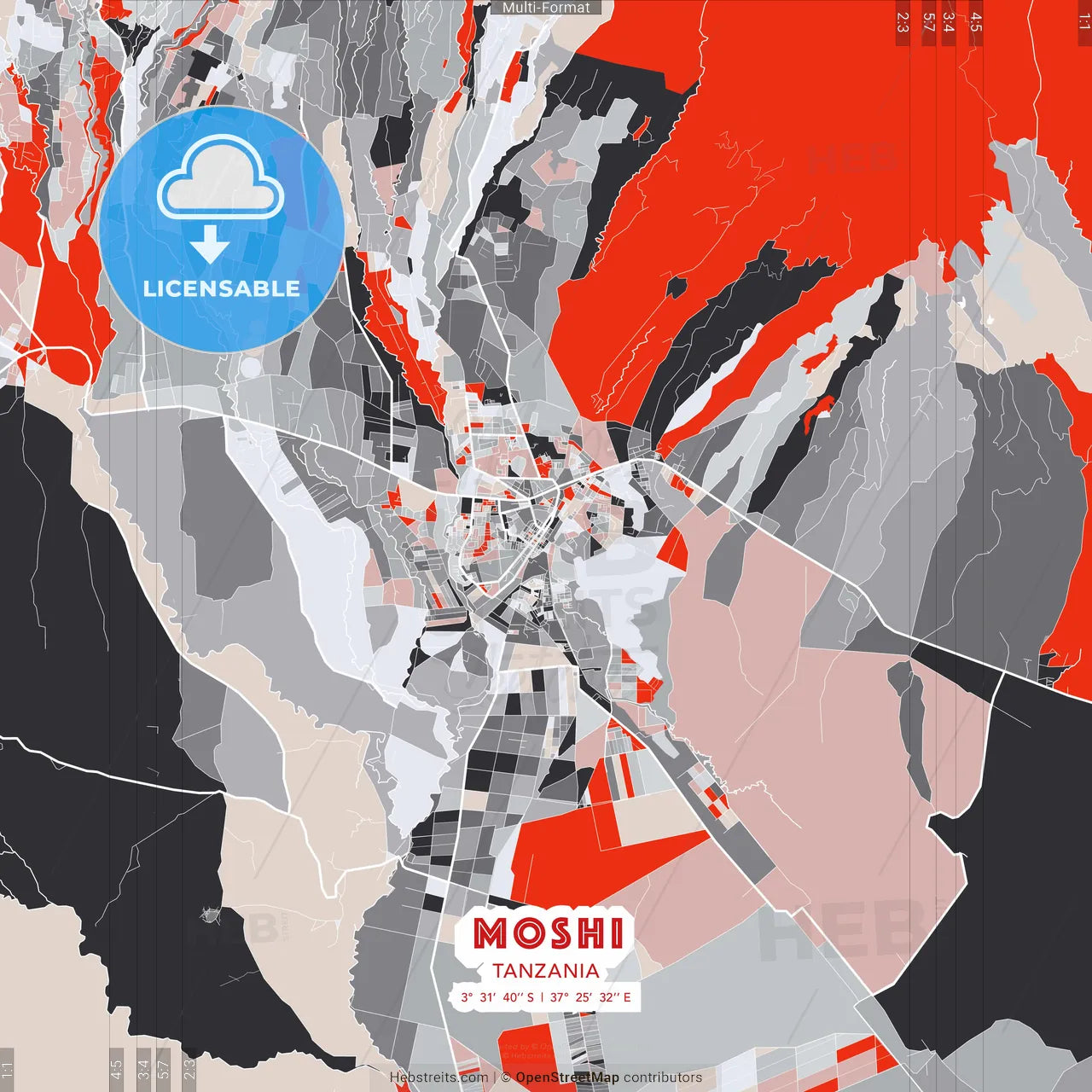 Moshi, Tanzania - modern street map poster template with gray and red tones