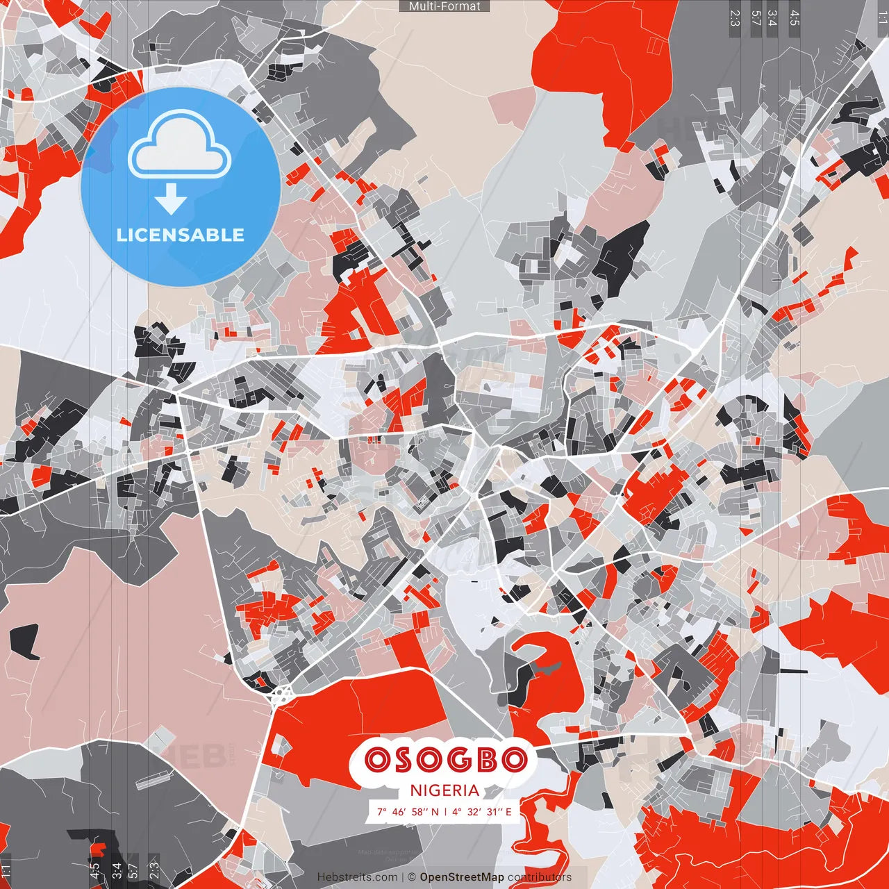 Osogbo, Nigeria - modern street map poster template with gray and red tones