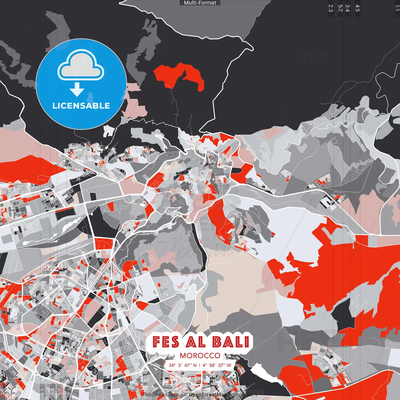 Fes al Bali, Morocco - modern street map poster template with gray and red tones