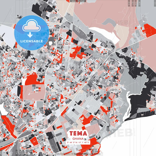 Tema, Ghana - modern street map poster template with gray and red tones