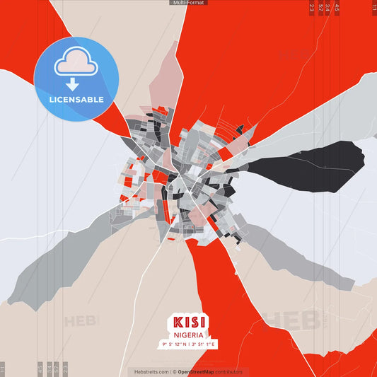 Kisi, Nigeria - modern street map poster template with gray and red tones