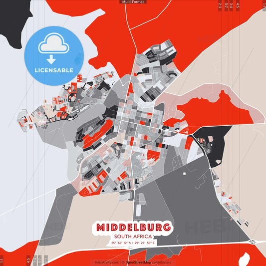 Middelburg, South Africa - modern street map poster template with gray and red tones