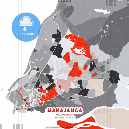 Mahajanga, Madagascar - modern street map poster template with gray and red tones