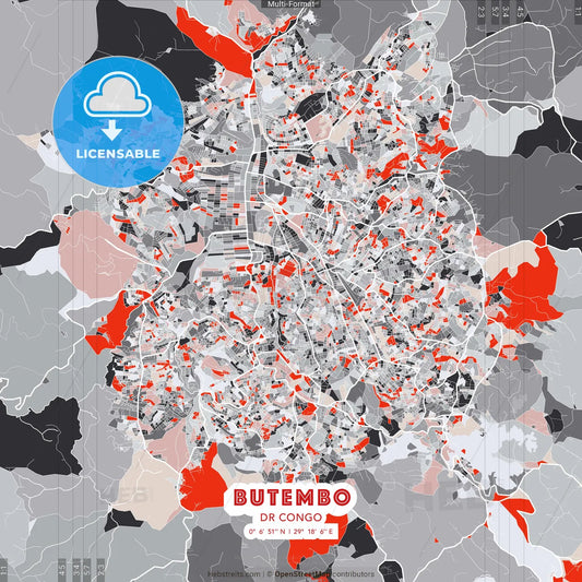 Butembo, DR Congo - modern street map poster template with gray and red tones