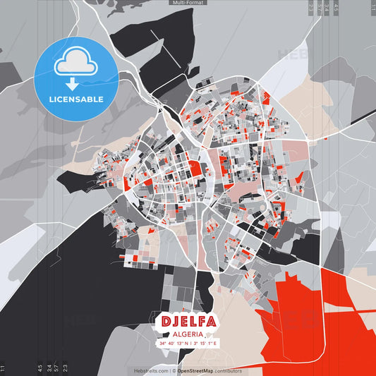 Djelfa, Algeria - modern street map poster template with gray and red tones