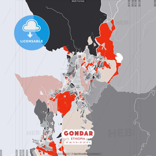 Gondar, Ethiopia - modern street map poster template with gray and red tones