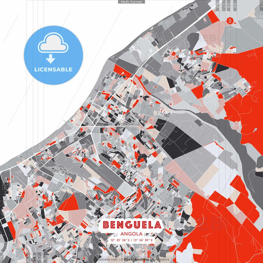 Benguela, Angola - modern street map poster template with gray and red tones