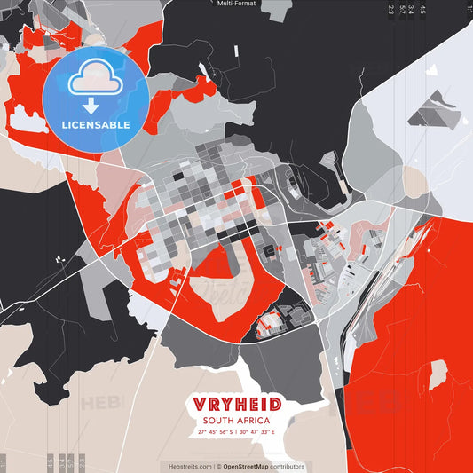 Vryheid, South Africa - modern street map poster template with gray and red tones