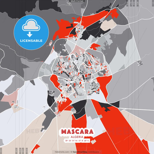 Mascara, Algeria - modern street map poster template with gray and red tones