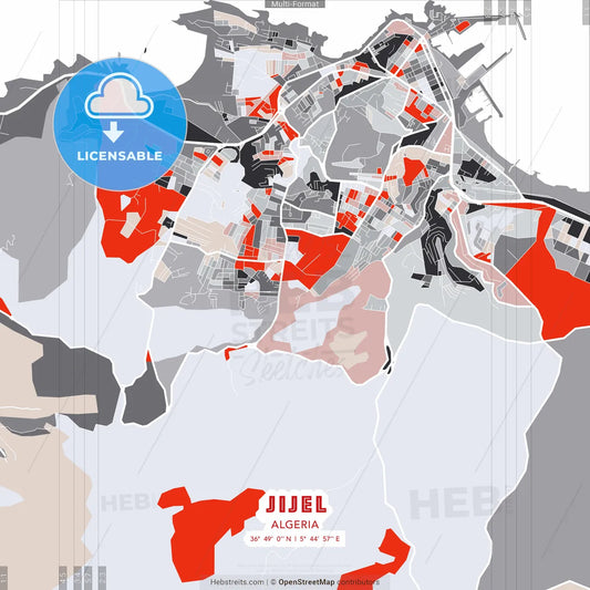 Jijel, Algeria - modern street map poster template with gray and red tones