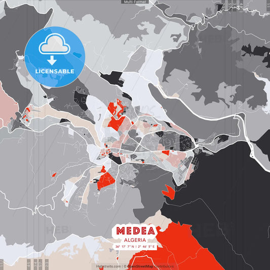 Medea, Algeria - modern street map poster template with gray and red tones