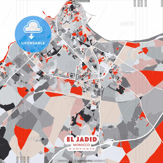 El Jadid, Morocco - modern street map poster template with gray and red tones