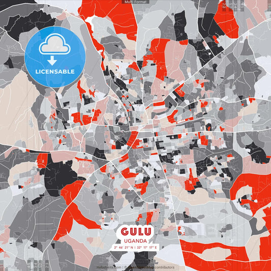 Gulu, Uganda - modern street map poster template with gray and red tones