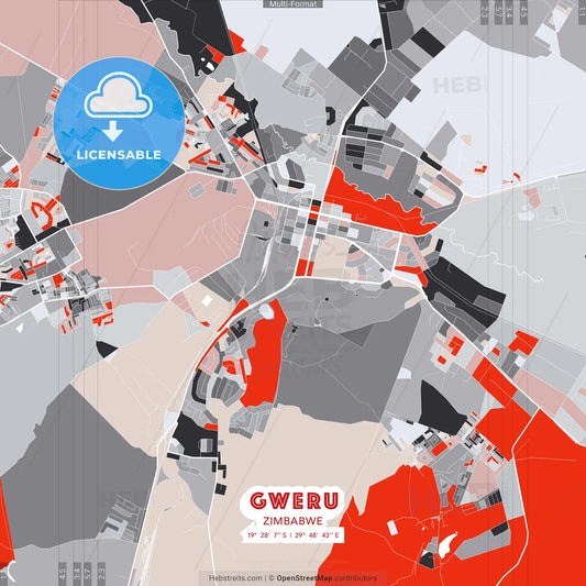 Gweru, Zimbabwe - modern street map poster template with gray and red tones