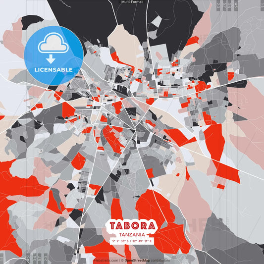 Tabora, Tanzania - modern street map poster template with gray and red tones