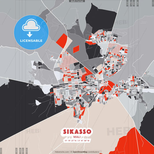 Sikasso, Mali - modern street map poster template with gray and red tones