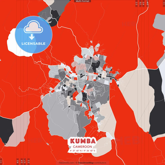 Kumba, Cameroon - modern street map poster template with gray and red tones