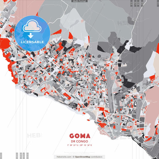 Goma, DR Congo - modern street map poster template with gray and red tones