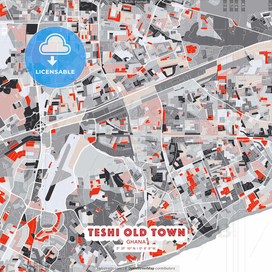 Teshi Old Town, Ghana - modern street map poster template with gray and red tones
