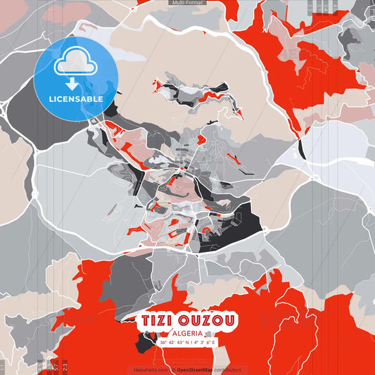 Tizi Ouzou, Algeria - modern street map poster template with gray and red tones
