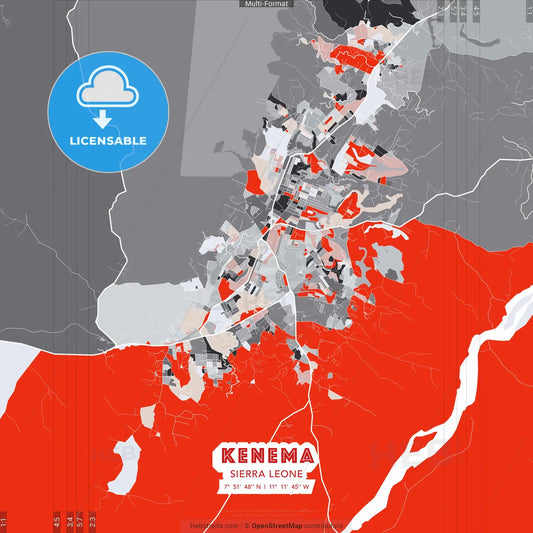 Kenema, Sierra Leone - modern street map poster template with gray and red tones