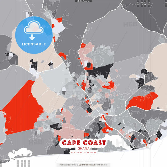 Cape Coast, Ghana - modern street map poster template with gray and red tones