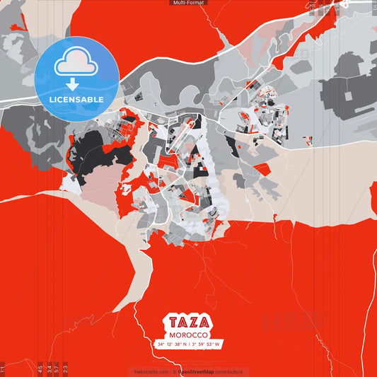 Taza, Morocco - modern street map poster template with gray and red tones