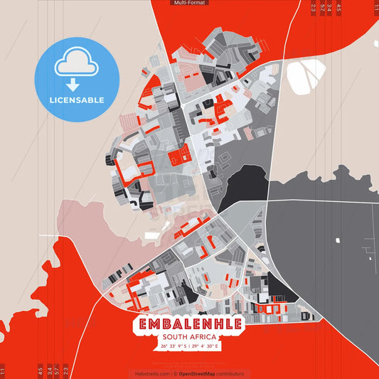 eMbalenhle, South Africa - modern street map poster template with gray and red tones