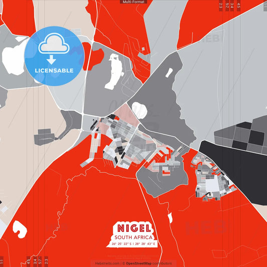 Nigel, South Africa - modern street map poster template with gray and red tones