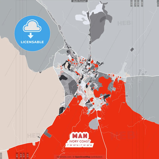 Man, Ivory Coast - modern street map poster template with gray and red tones