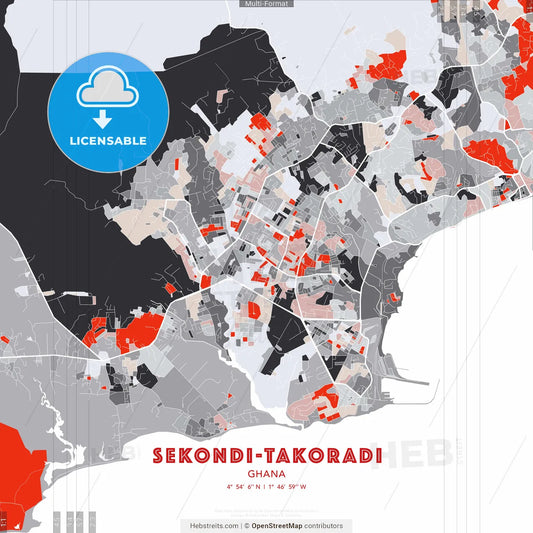 Sekondi-Takoradi, Ghana - modern street map poster template with gray and red tones