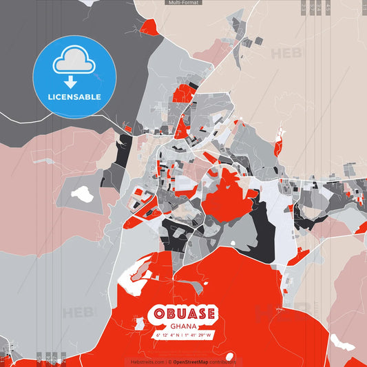 Obuase, Ghana - modern street map poster template with gray and red tones