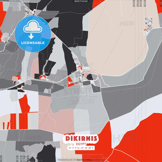 Dikirnis, Egypt - modern street map poster template with gray and red tones