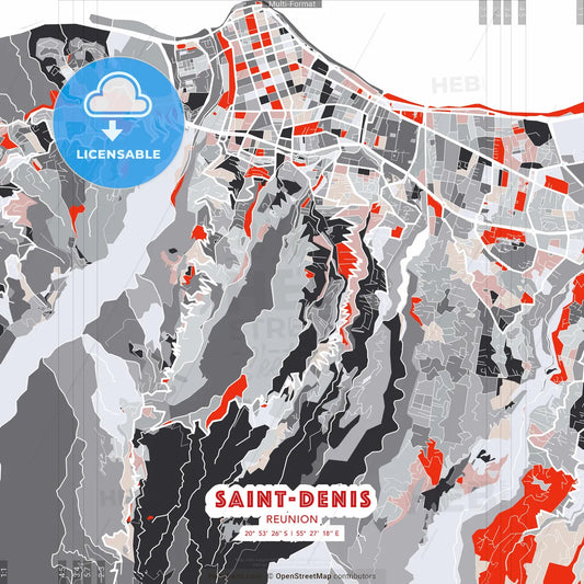 Saint-Denis, Reunion - modern street map poster template with gray and red tones