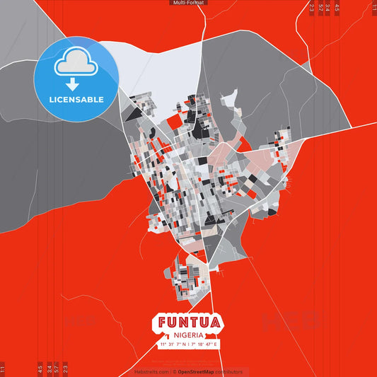 Funtua, Nigeria - modern street map poster template with gray and red tones