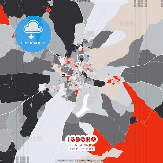 Igboho, Nigeria - modern street map poster template with gray and red tones