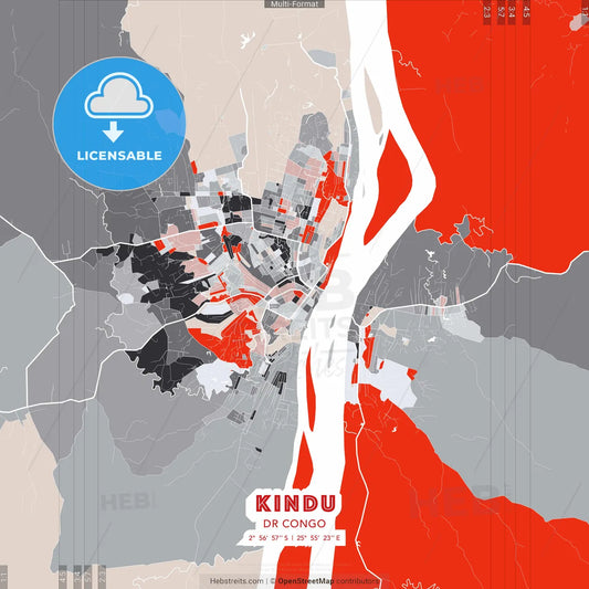 Kindu, DR Congo - modern street map poster template with gray and red tones