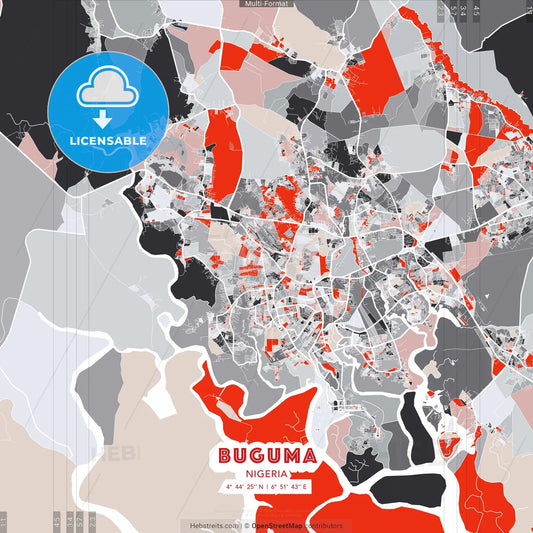 Buguma, Nigeria - modern street map poster template with gray and red tones