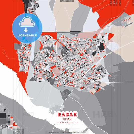 Rabak, Sudan - modern street map poster template with gray and red tones