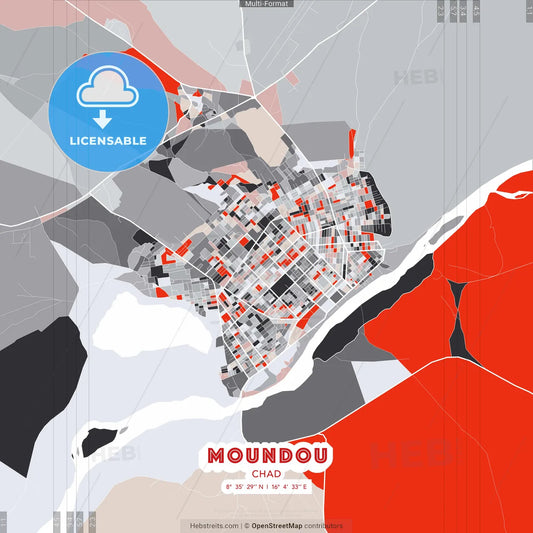 Moundou, Chad - modern street map poster template with gray and red tones