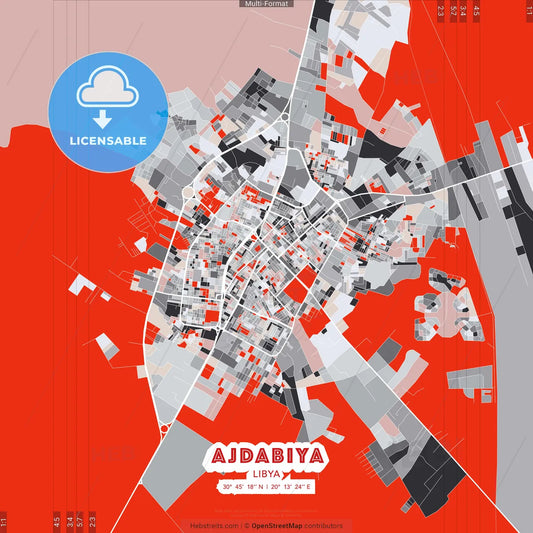 Ajdabiya, Libya - modern street map poster template with gray and red tones