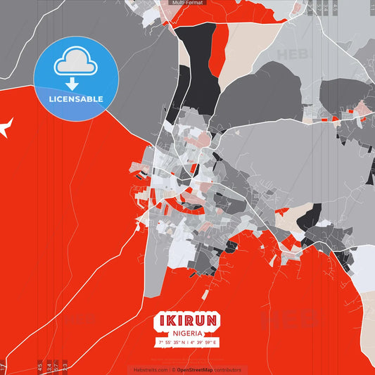 Ikirun, Nigeria - modern street map poster template with gray and red tones